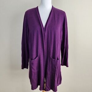 Purple Bamboo Blend Open Front Long Cardigan Sweater Pockets Womens XL Knit